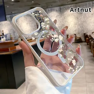 Magnetic Case for iPhone 17 Pro Max Air Promax White and pure magnolia Pattern Clear Acrylic Hard Back Soft TPU Edge Wireless Charging Compatible Phone Cover for Girl