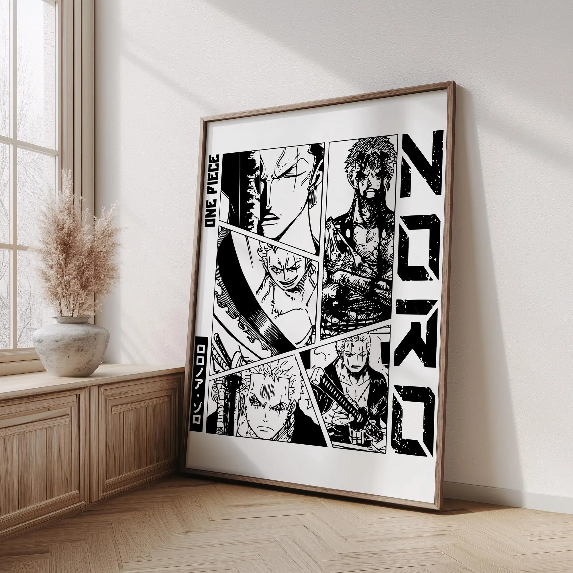 Zoro One Piece Poster Print Black and White Manga Poster Roronoa Zoro Poster Wall Art Santoryu Sword Style Poster, Poster Gifts - Unframed