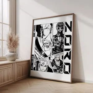 Zoro One Piece Poster Print Black and White Manga Poster Roronoa Zoro Poster Wall Art Santoryu Sword Style Poster, Poster Gifts - Unframed