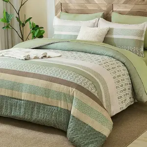 DJY Boho Comforter Set Queen Size,Sage Green Striped Bedding Sets,7 Pieces Bed in a Bag Patchwork Soft Microfiber Bedding Set for All Season(90"*90")