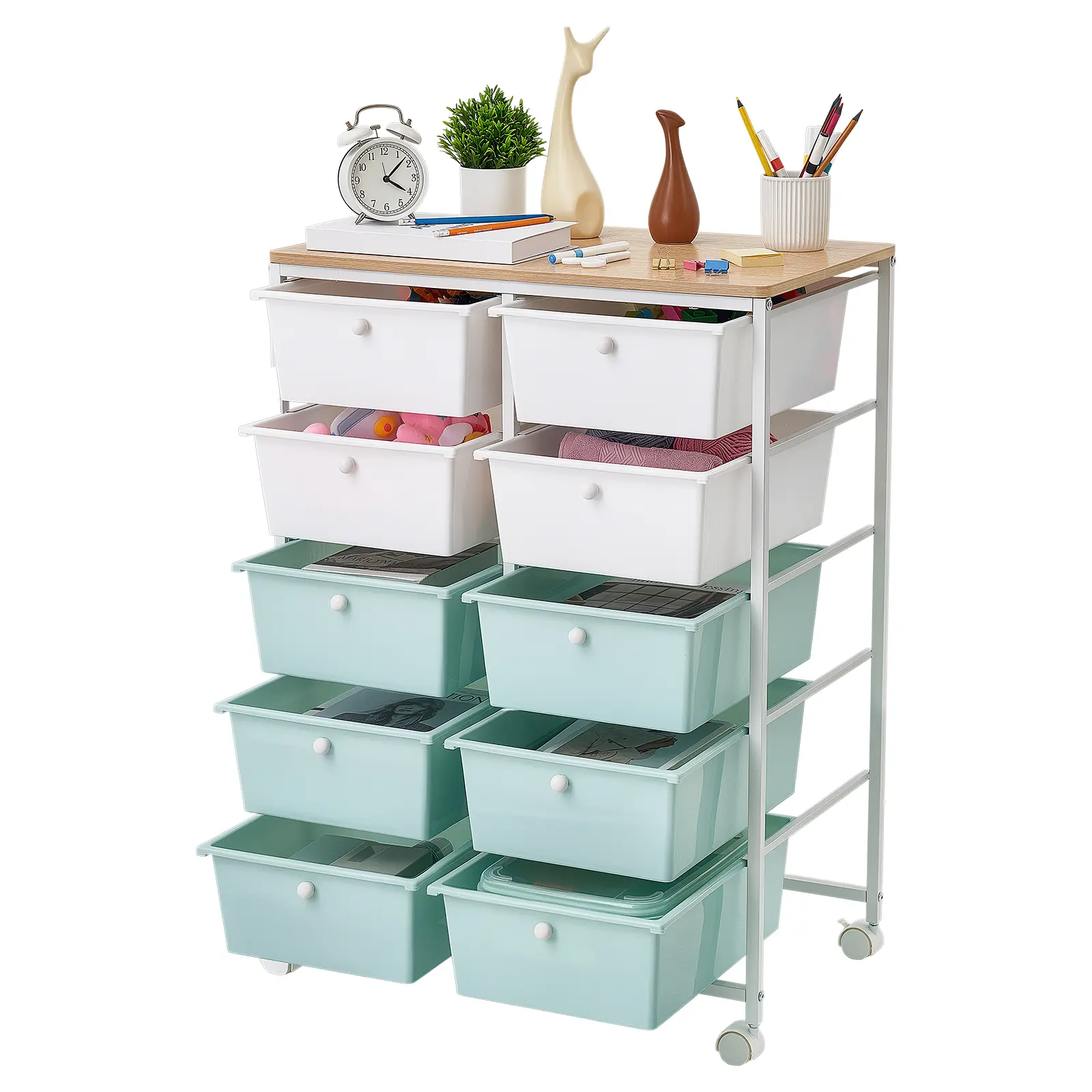 VEVOR 10-Drawer Rolling Cart with Smooth Slides, Double Row Storage Organizer, Wood Top, Steel Frame, Universal Casters, 2 Brakes, Space-Saving Stable Design, Supports Up to 15 lbs, for Office, Craft Room, Blue White, Classroom, Studio