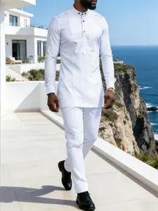 Men's African Dashiki Set, Simple Style, Button Front, Round Neck, Split Hem Long Sleeve Top, Elastic Pants, Casual Shirt & Pants 2 Piece