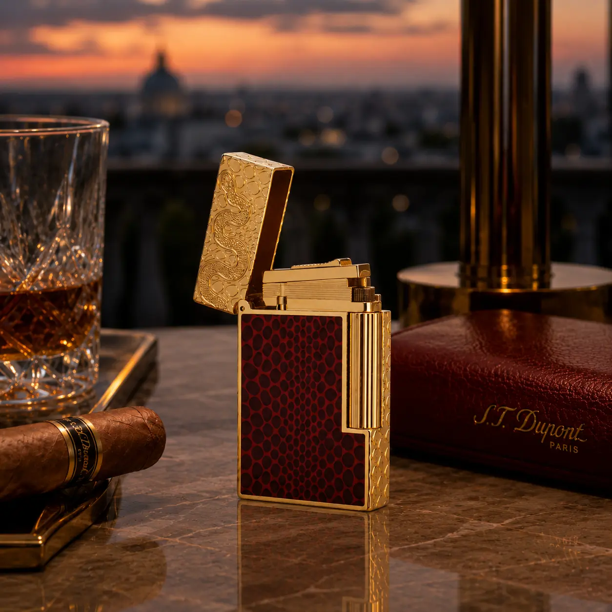 [Double Flame] DPT Snake Glass Lacquered Gold lighter (NO FUEL) Metal Brass 130g Luxury Gift