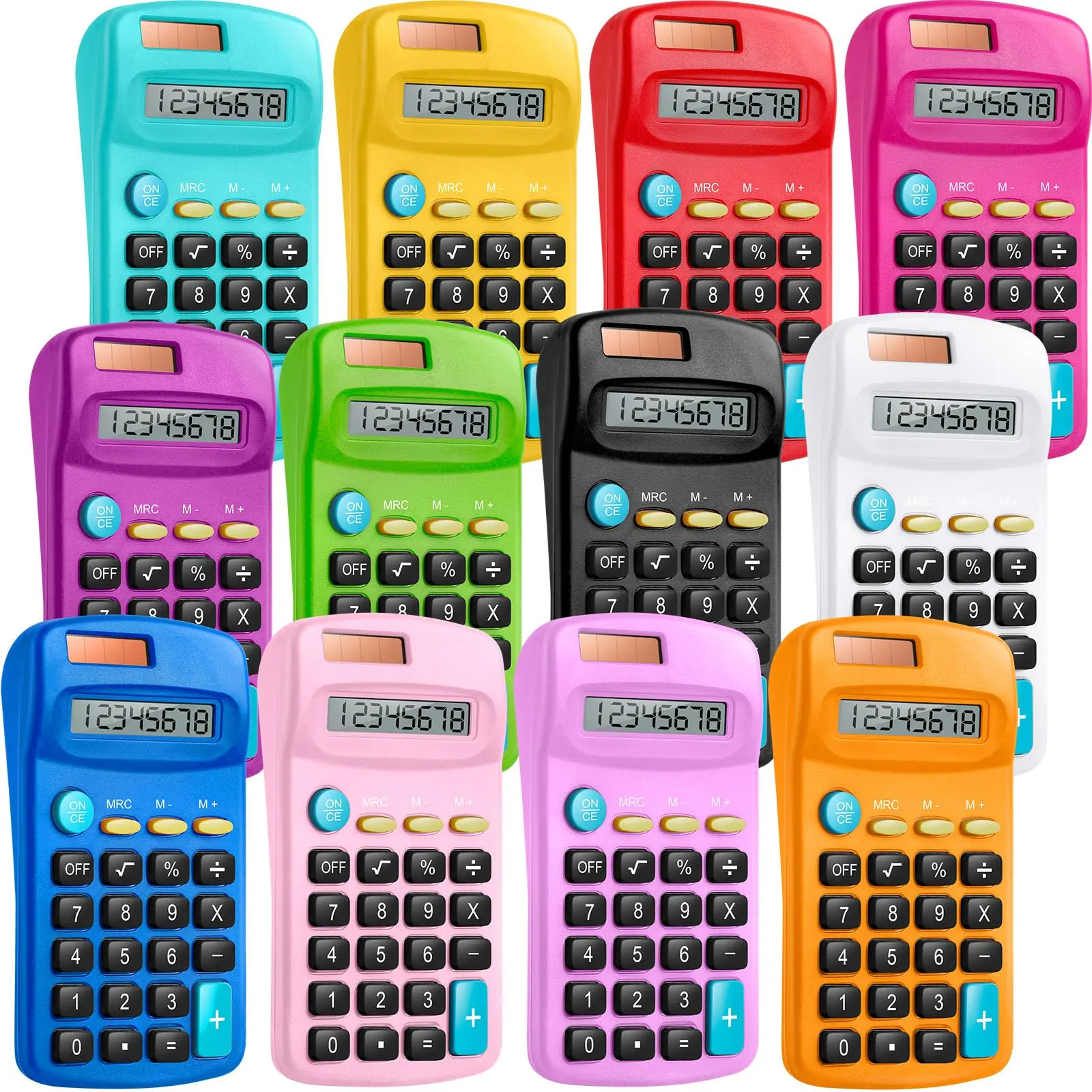 12 Packs Pocket Size Mini Calculator Basic Calculators For Handheld Angled Students 8 Digit Display Solar Dual Power Small Home Office (12 Colors)