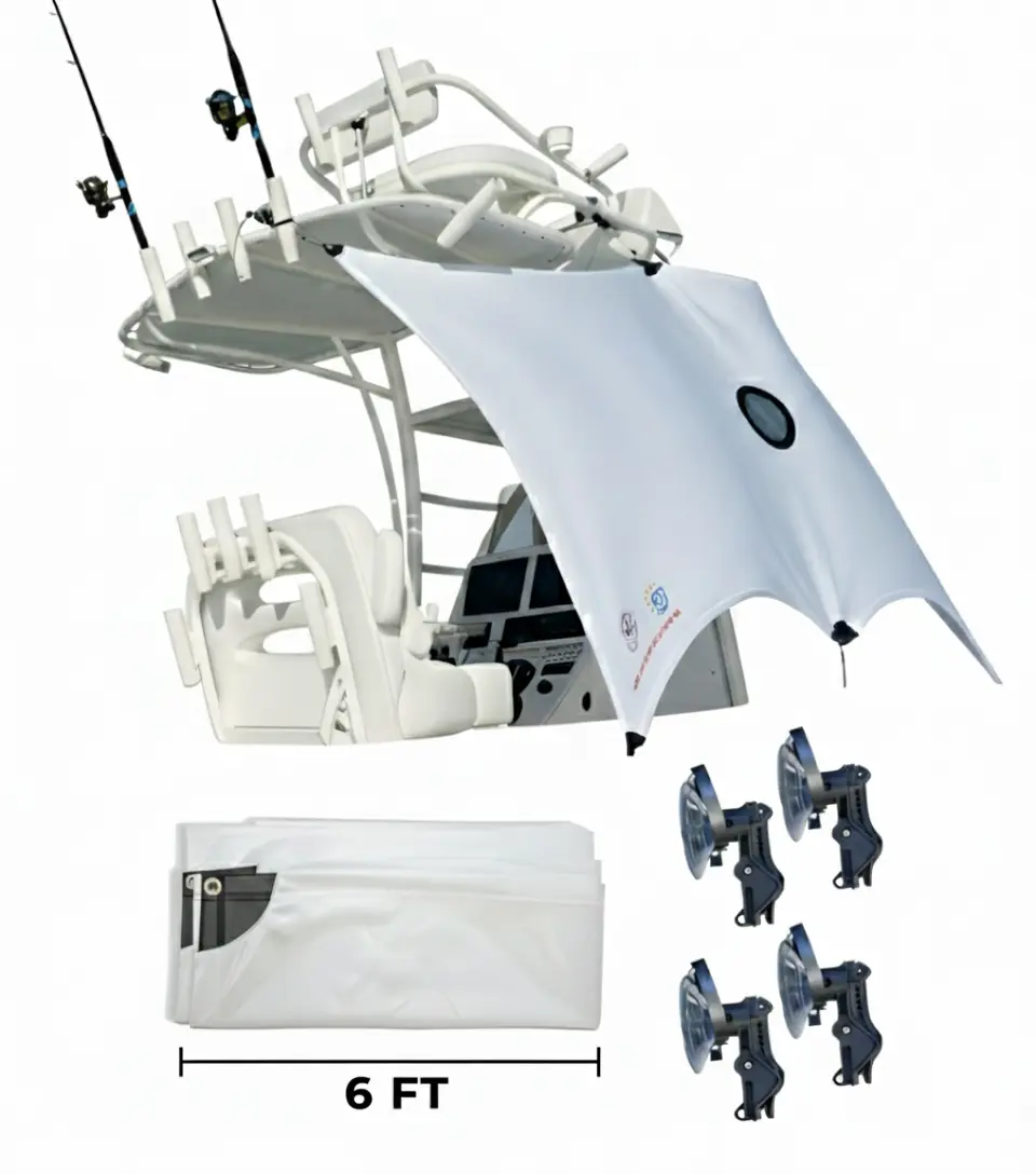 SOS Boat Screen UPF 50+ 50"x50" with 4-way Stretch Ventilated Center & 3-function Clips for Easy Mounting on Boat Hull or Glass Vehicle Outboard Motor