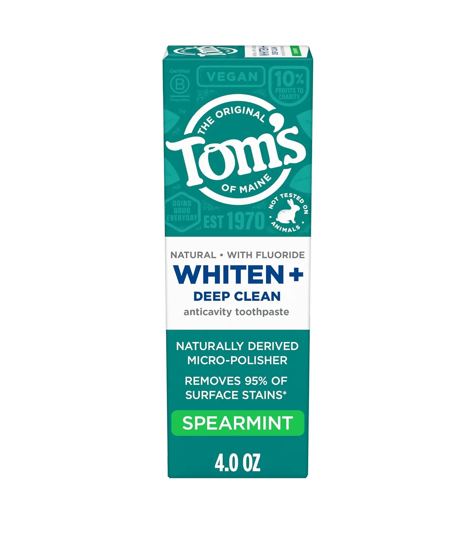 Tom's of Maine Whiten Plus Deep Clean Whitening Toothpaste, Spearmint, 4 oz | Natural Toothpaste with Fluoride, Removes 95% of Stains, Enamel Safe Formula, Whitens Without Causing Sensitivity