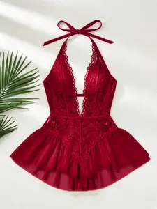 1 Count Valentine's Day Gift, Womenswear, Women's Lace Underwear, Deep V Neck Sleepwear, Smooth Fabric Semi-Transparent Pajamas, Floral Pattern Sexy Lingerie, Fitted Natural Waist Design, Perfect for Everyday Wear, Fashion