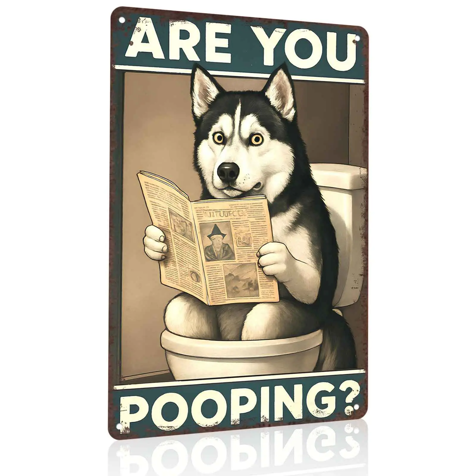 12x8 in Aluminium Metal Sign - Funny Husky on Toilet Reading Newspaper Wall Decor for Bathroom - Retro Gift for Husky Owners (Home Supplies Plaque)