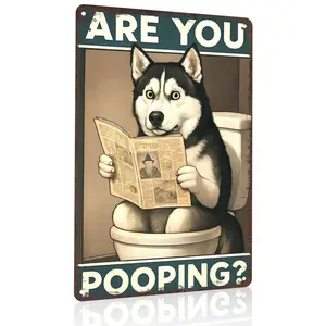 Are You Pooping? Husky on Toilet Reading Newspaper 12x8 Inch Aluminum Metal Sign - Funny Dog Lover Wall Decor for Bathroom, Restroom, Powder Room - Retro Tin Sign Gift for Husky Owners & Pet Enthusiasts