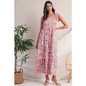 Pink Floral Lace Tied Strap Empire Waist Maxi Dress