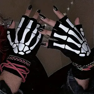 2 Pairs Black Fluorescent Skeleton Print Half-Finger Gloves, Stretchable Touchscreen Unisex Gloves, Halloween Party Dress-Up Accessories