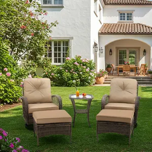 EROMMY Outdoor Patio Furniture Set - 5-Piece Wicker Conversation Set with Swivel Rocking Chairs Ottomans and Glass Coffee Table for Porch Garden and Deck Blue Khaki Navy Blue Grey Wine Red