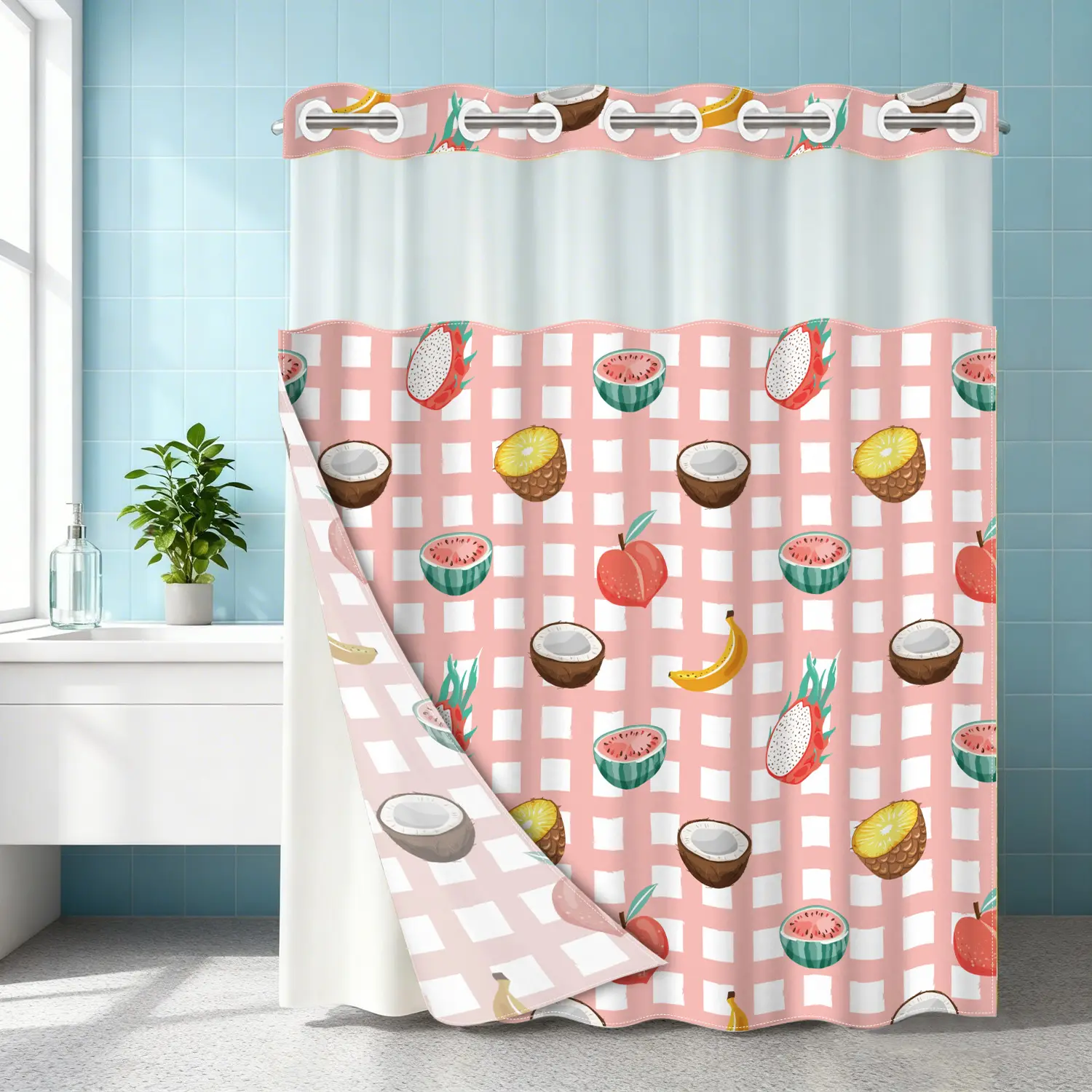 1PC double-layer large ring shower curtain, pink checkered fruit pattern, shower curtain, high-end quick drying hanging curtain, bathroom, curtain, waterproof, mildew proof curtain