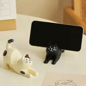 Stretching Cat Phone Stand Desk Decor Artwork, Resin Phone Holders for Mobile Tablet Support, Cute Pet Design Home Office Accessory