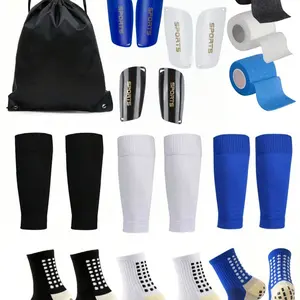 Five-Piece Soccer Gear Set, Shin Guards, Drawstring Backpack, Silicone Anti-Slip Socks, Striped Polyester Fiber, Ideal for Training and Fitness