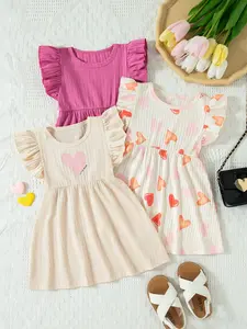 Valentine's Day Baby Girl Heart Print Sleeveless Casual Comfort Dress Three-Piece Set, Cute and Stylish for Toddlers