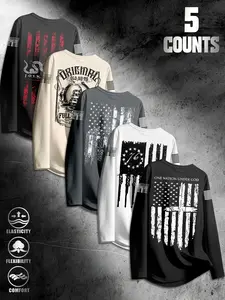 5-Piece American Military Style Long Sleeve Tops, Usa Flag Snake Print, Comfortable Breathable Sportswear for Men, Casual Daily Wear