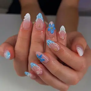 24pcs Blue Flower Almond Press-On Nails, 3D Gel Shell, Pearl Decor, Medium Size, Summer Manicure Essential, Includes Glue and File