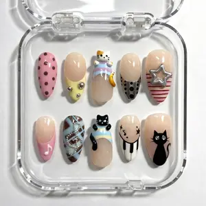 KAWAII MELODY | 3D Calico & Black Cat Press On Nails | Y2K Star & Silver Chrome French Fake Nails | Musical Piano Cute Aesthetic | Custom Handmade Almond Set 2026