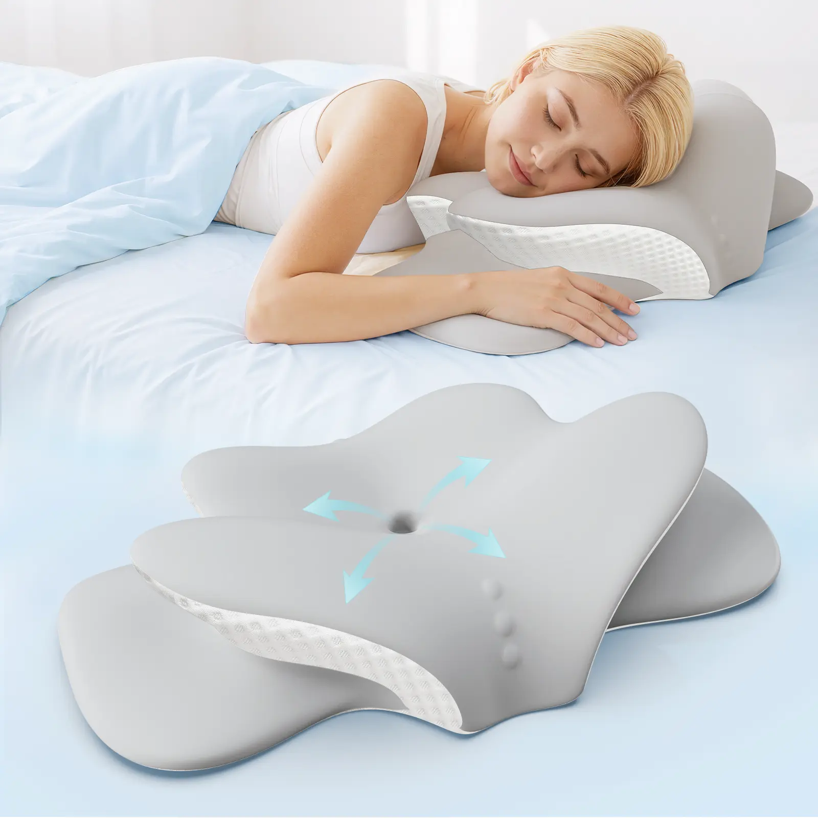 Ergonomic Anatomical Contour Sleep Pillow - Adjustable Soft Memory Foam, Breathable Neck Pillow for Neck Pain Relief, Shoulder Support, Side Sleepers, Breatheable Neck Pillows, Anatomical Neck Pillows