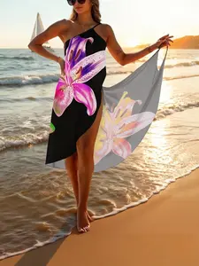 Women's Summer Colorful Lily Print Halter Dress, Sexy Beach Cover-Up, Party Vacation Style, Slim-Fitting Casual Sundress
