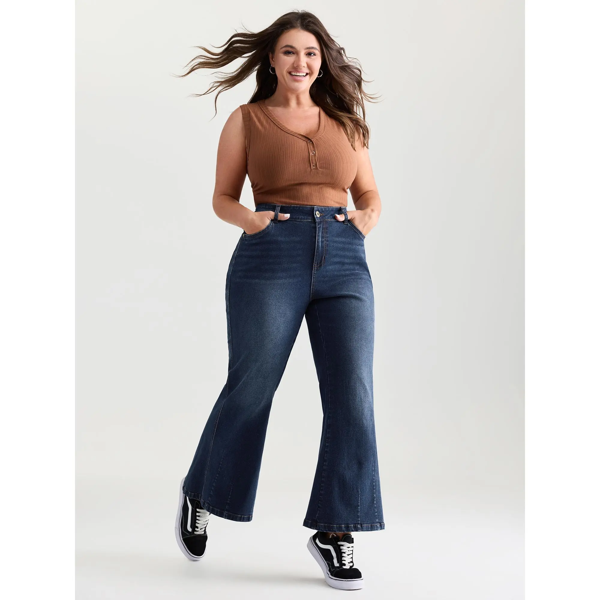 BLOOMCHIC Women's Plus Size Thigh-Friendly High-Rise Denim Jeans - Cotton-Spandex-Rayon Bottom Pants, Zip Button-Closure, Curvy Fit Jeans, Basic Pocketed, Boot Cut, Plus Size Basics, [M-6X], Summer Finds, Garment, Low Iron, Thigh-Friendly Jeans, Five Pock