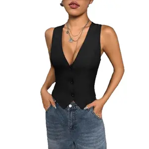 Green Deep V Neck Crop Suit Vest for Women, Sleeveless Button Down Waistcoat Tank Top, Y2K Slim Fit Street Style Blouse, Fashion Summer Top for Party, Gathering & Daily Commute
