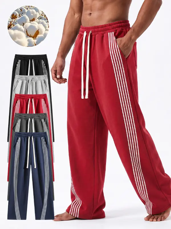 Men's Loose-Fit Vertical-Stripe Drawstring Wide-Leg Casual Pants – Featuring an elastic waistband and a floor-length cut with excellent drape; suitable for everyday wear and outdoor activities.