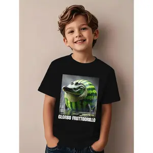 ' Glorbo Fruttodrillo Italian Spina Bifida Awareness T-Shirt - Cute Frog & Watermelon Print Short Sleeve Round Neck Casual Summer Top, Comfortable H-Line Fit for Boys & Girls, Ideal Gift for Birthdays & Casual Attire