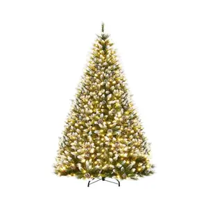 9 ft Pre-Decorated Artificial Christmas Tree Prelit, Partially Flocked Design Xmas Tree with 1738 Branch Tips, 900 LED Lights, Pinecones & Metal Stand for Christmas Decorations Magical