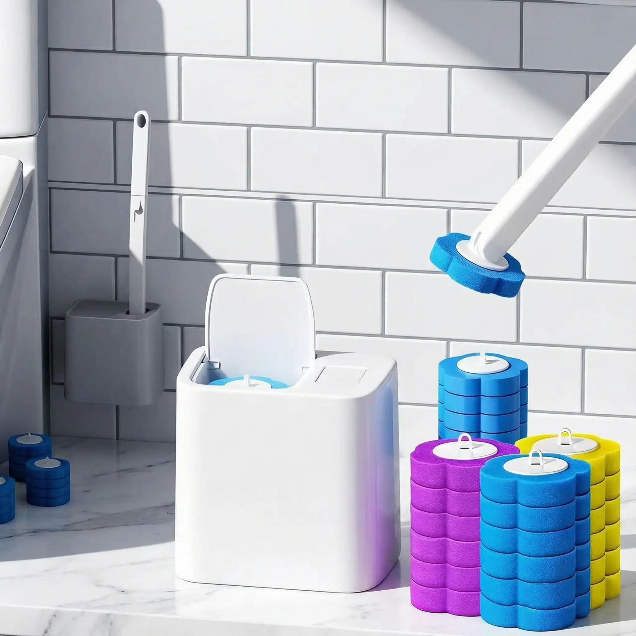Disposable Toilet Brush Set with 18 Refills & Wall-Mount Holder for Toilet Sink Bathtub Drain Urinal Wash Basin Comprehensive Bathroom Cleaning System Restroom Plumbing Tool