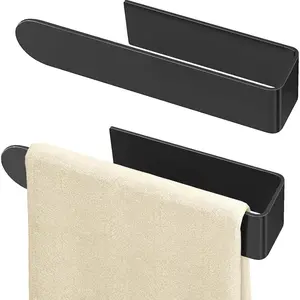 Hand Towel Holder Self Adhesive Towel Racks for Bathroom Wall Mounted 8 Inch Square Hand Towel Bar Stick on Wall for Kitchen Cabinet RV Black 2 Pack