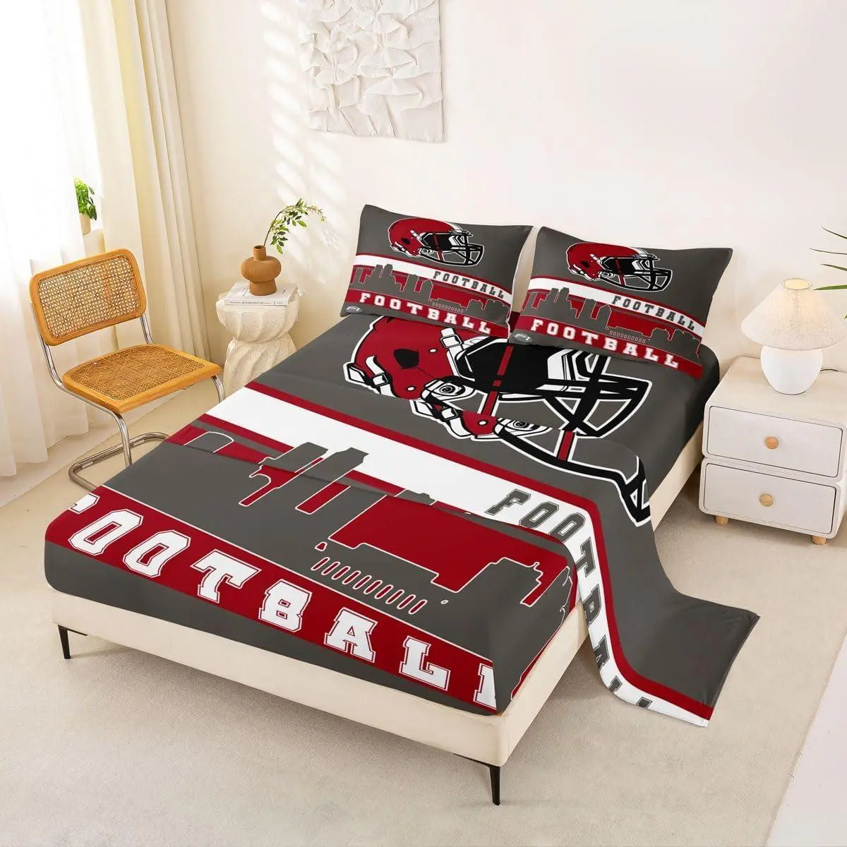 Football City Bed Sheets Set American Football Sheet Set Grey Red Rugby Game Sheets Football Fans Bedroom Decor Sports Ball Team Flat Fitted Sheet(Tampa Bay)