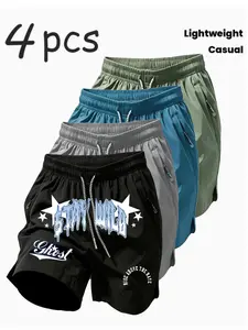 4 Pcs Men's Graffiti Print Quick-Dry Shorts, Elastic Waist Drawstring Zipper Pocket Lightweight Sport Shorts, Casual Loose-Fit All-Season