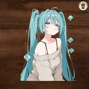 Cute Miku Waifu Vinyl Sticker, Pouting Blue-Haired Anime Girl in Cozy Off-Shoulder Sweater, Laptop and Notebook Decor