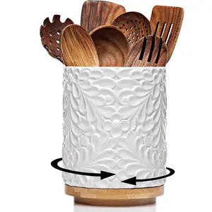 Extra Large 360° Rotating Utensil Holder for Kitchen Counter, 8.3” Cooking Utensil Holder for Countertop with Bamboo Base, White Ceramic Utensil Crock Canister for Cooking Utensils - Engraved Design