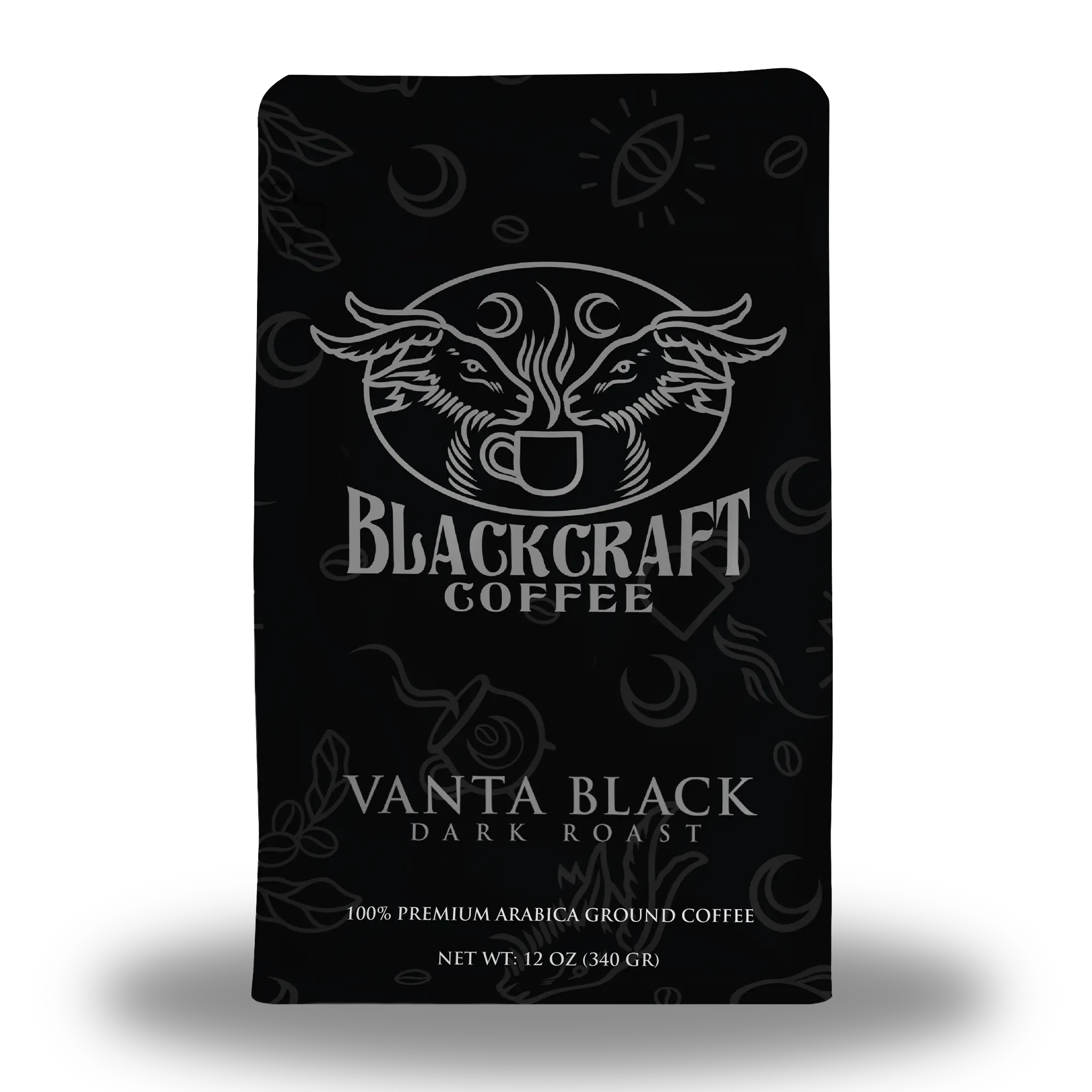 Vanta Black, a dark roast coffee with notes of charred caramel, bitter chocolate, and a hauntingly smooth finish. 100% Arabica Premium Coffee Origin: Single-origin coffee from Brazil.Elevation: 1,000 metersNet Wt. 12 oz (336g)