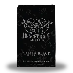 Vanta Black, a dark roast coffee with notes of charred caramel, bitter chocolate, and a hauntingly smooth finish. 100% Arabica Premium Coffee Origin: Single-origin coffee from Brazil.Elevation: 1,000 metersNet Wt. 12 oz (336g)