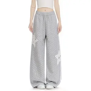 Star Print High-Waisted Sweatpants, Vintage Gray Loose Fit Retro Joggers, Preppy Streetwear Casual Lounge Trousers