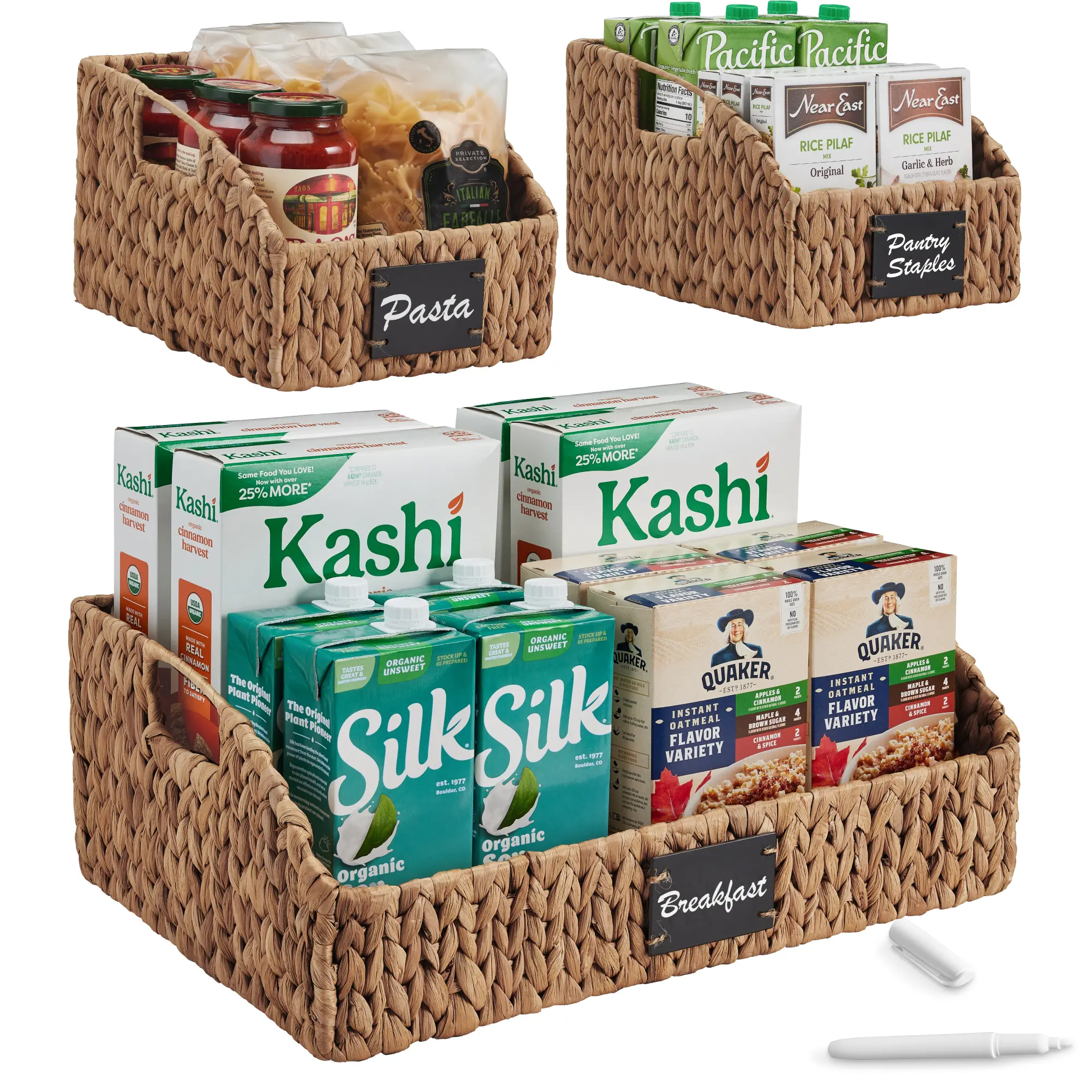Best Choice Products Hyacinth Angled Pantry Storage Baskets W/ Handles, Chalkboard & Marker (Set of 3)