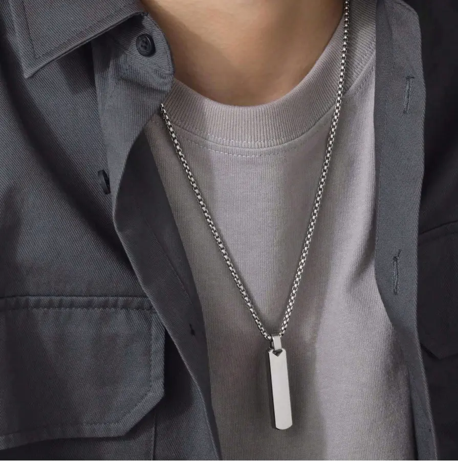 Men's Rectangle Pendant Necklace Chain, Jewelry Gift