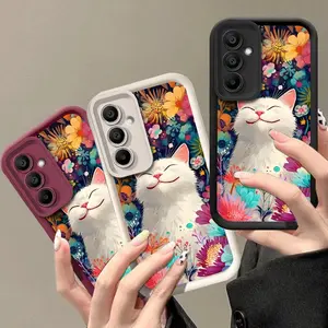 For Samsung Galaxy A05 4G A06 A16 5G A17 A26 A52s A52 A55 A36 A05S A56 A07 Colorful Painted Bouquet Smiley Cat Case For Samsung A34 A13 A15 A33 A54 A25 A14 A53 A12 A35 Art Hand Painted Unique Beautiful Soft Edge Thickened TPU Protective Case