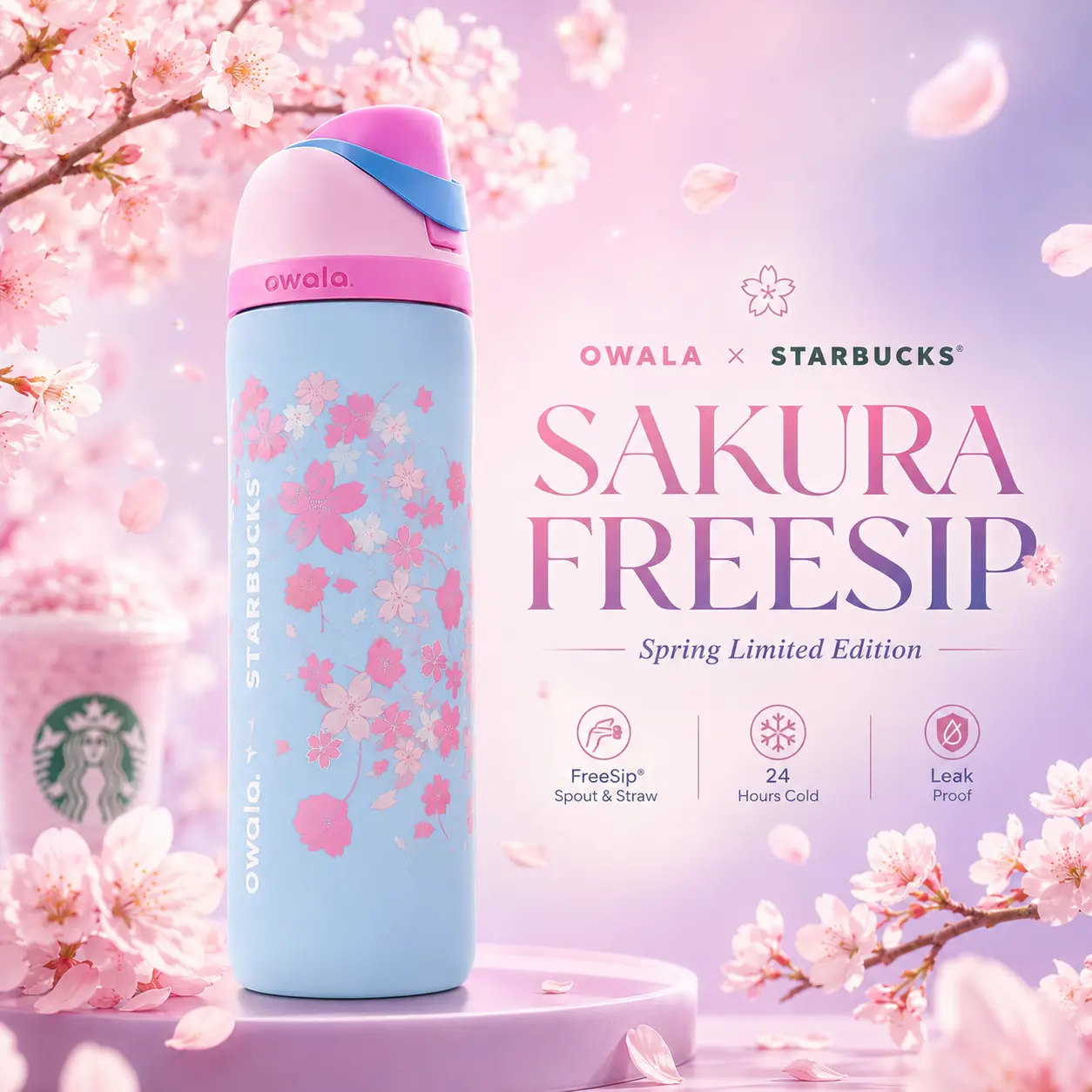 Owala x Starbucks Sakura FreeSip 24 oz Insulated Water Bottle with Built-In Straw – Pink Blue Cherry Blossom Design