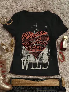 Valentine's Day Silk Touch Milk Cotton T-Shirt, Fitted Women's Round Neck Short Sleeve, Soft Smooth Drape Fabric, Letter Heart Print, Casual Campus Everyday Style