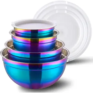 4 count Rainbow Mixing Bowls with  for Kitchen, Stainless Steel Mixing Bowls Set Ideal for Baking, Prepping, Cooking and Serving , Nesting Metal Mixing Bowls for Space Saving Storage