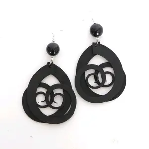 Black Wooden Teardrop Earrings with Nested Circles and Black Beaded Top for Women's Fashion Accessories