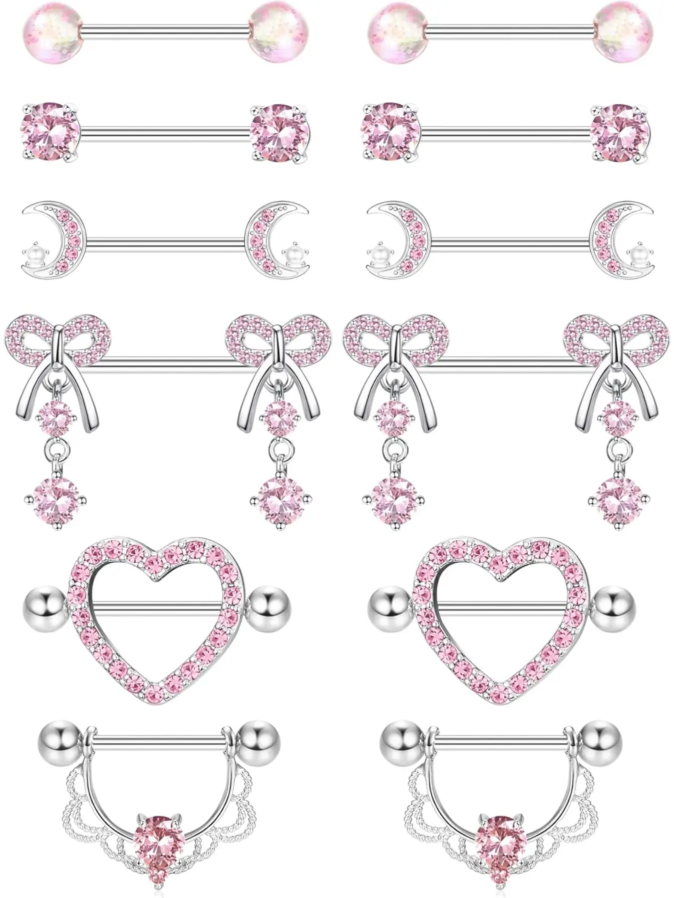 6Pairs Nipple Piercing Jewellery 316L Steel Nipple Bars Nipple Rings Silver Pink Cubic Zirconia Heart Bow Nipple Piercings Barbell Body Jewellery Piercing 14G 16-18mm Navel Piercing Jewelry