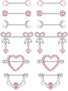 6Pairs Nipple Piercing Jewellery 316L Steel Nipple Bars Nipple Rings Silver Pink Cubic Zirconia Heart Bow Nipple Piercings Barbell Body Jewellery Piercing 14G 16-18mm Navel Piercing Jewelry