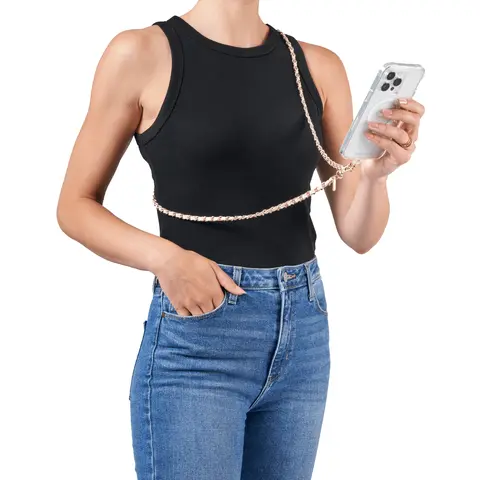 Case-Mate Universal Hands-Free Crossbody Phone Lanyard - Gold/Tan Gold Chain & Tan Leather Women's Accessory, No Bags Needed for On-the-Go Errands, Fits All Phones, Supports Device Weight