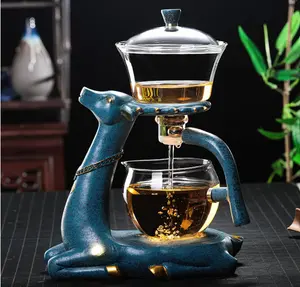 Magic Deer Tea Set Glass Magnetic Teapot Semi-Automatic Water Guide Magnetic Teapot with Infuser Heat-Resistant Glass Magic Deer Tea Pot Magic Tea Set Perfect of Holiday Gifts (Blue)